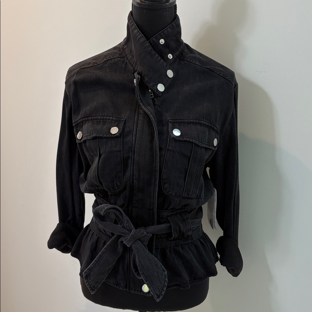 NEW Dear John Black Wash Tencel Denim Belted Moto Jean Jacket Women XS